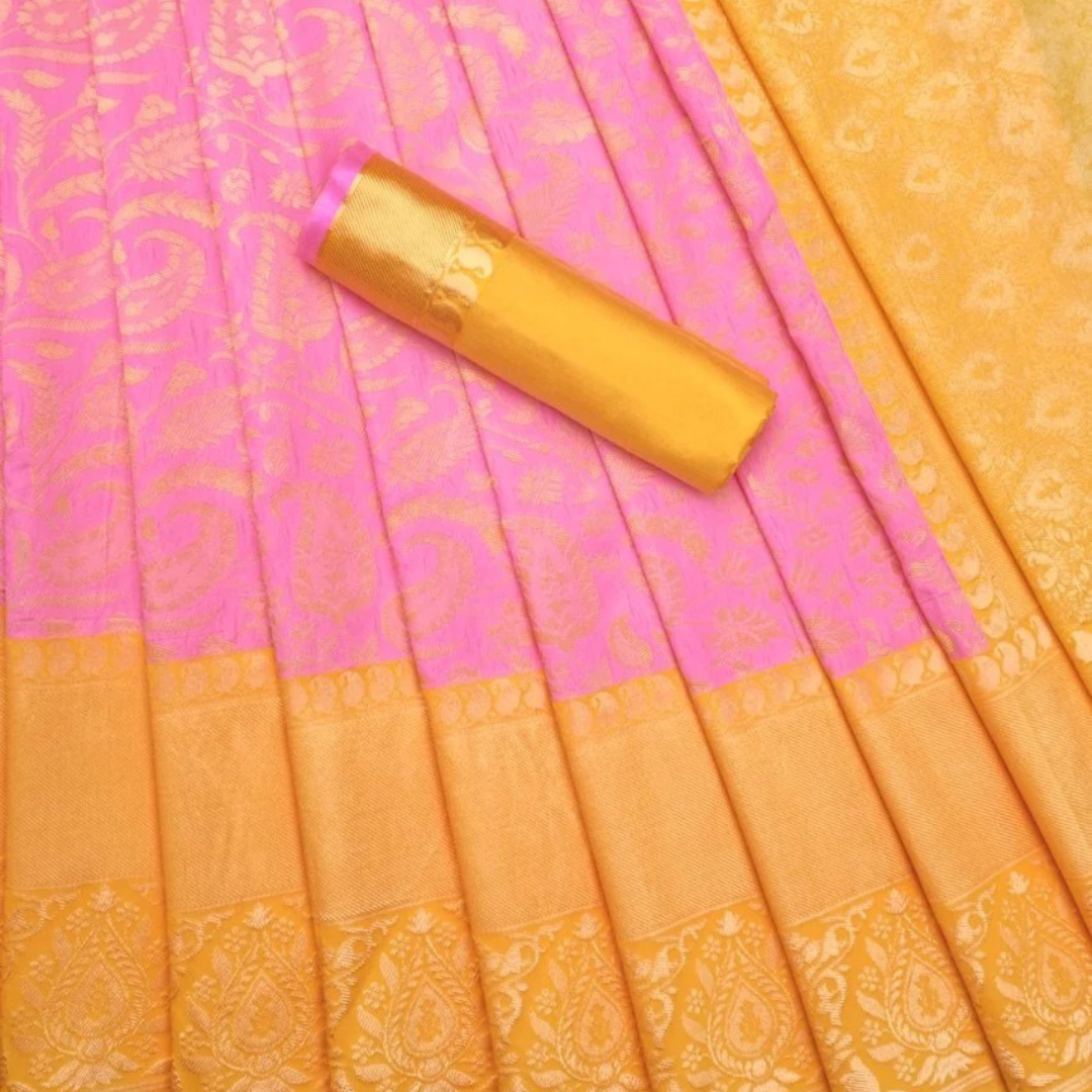 Soft Lichi Silk Saree with Exclusive Color Contrast Jacquard Border - Yellow and pink shade