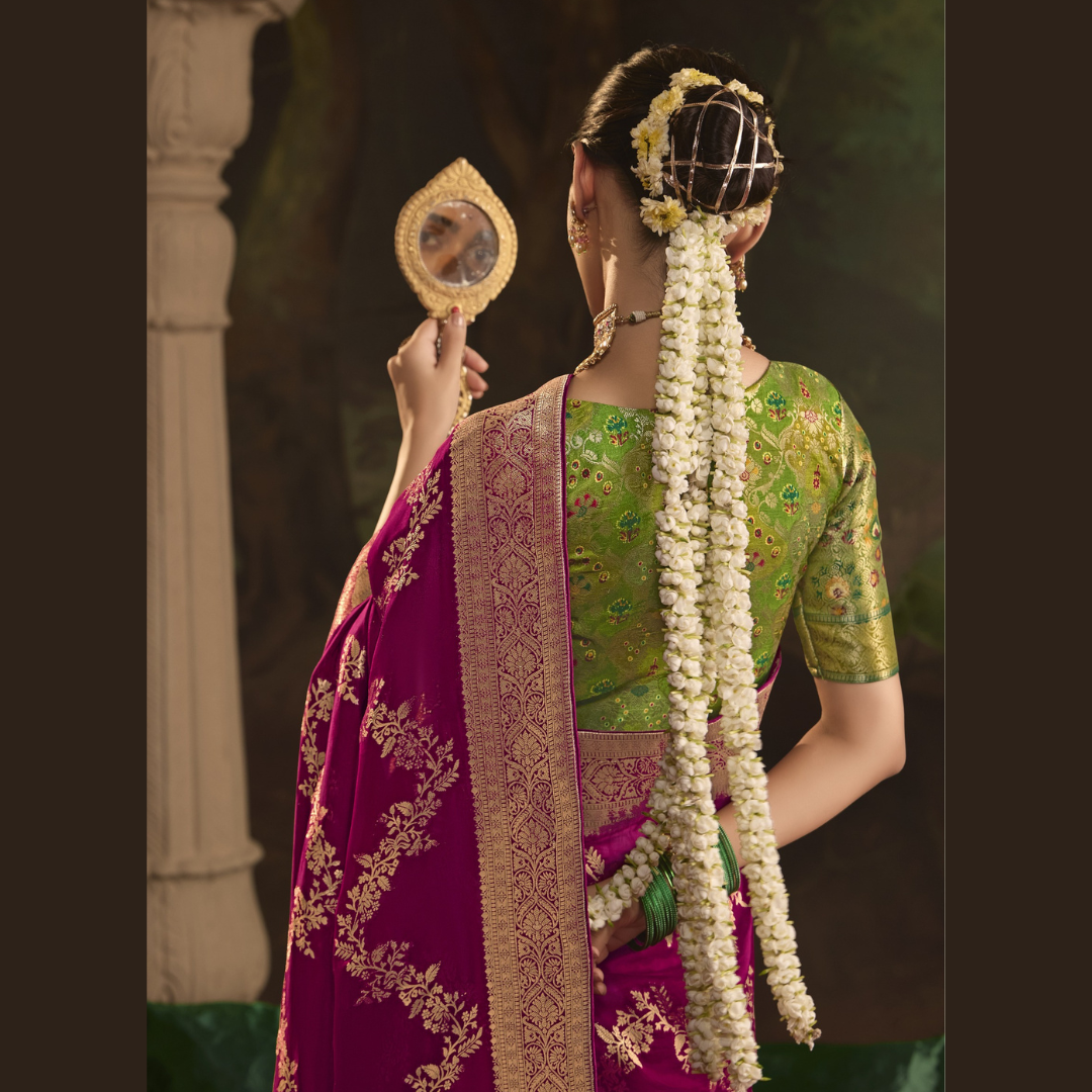 Magenta Silk Saree With Heavy Zari weaving Work And Tussles On Pallu & Designer Fancy Blouse Piece