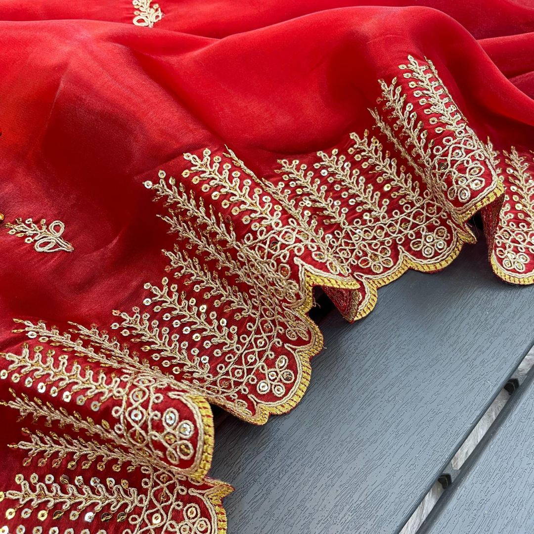 Red Jimmy Choo saree embellished with sequin on Border