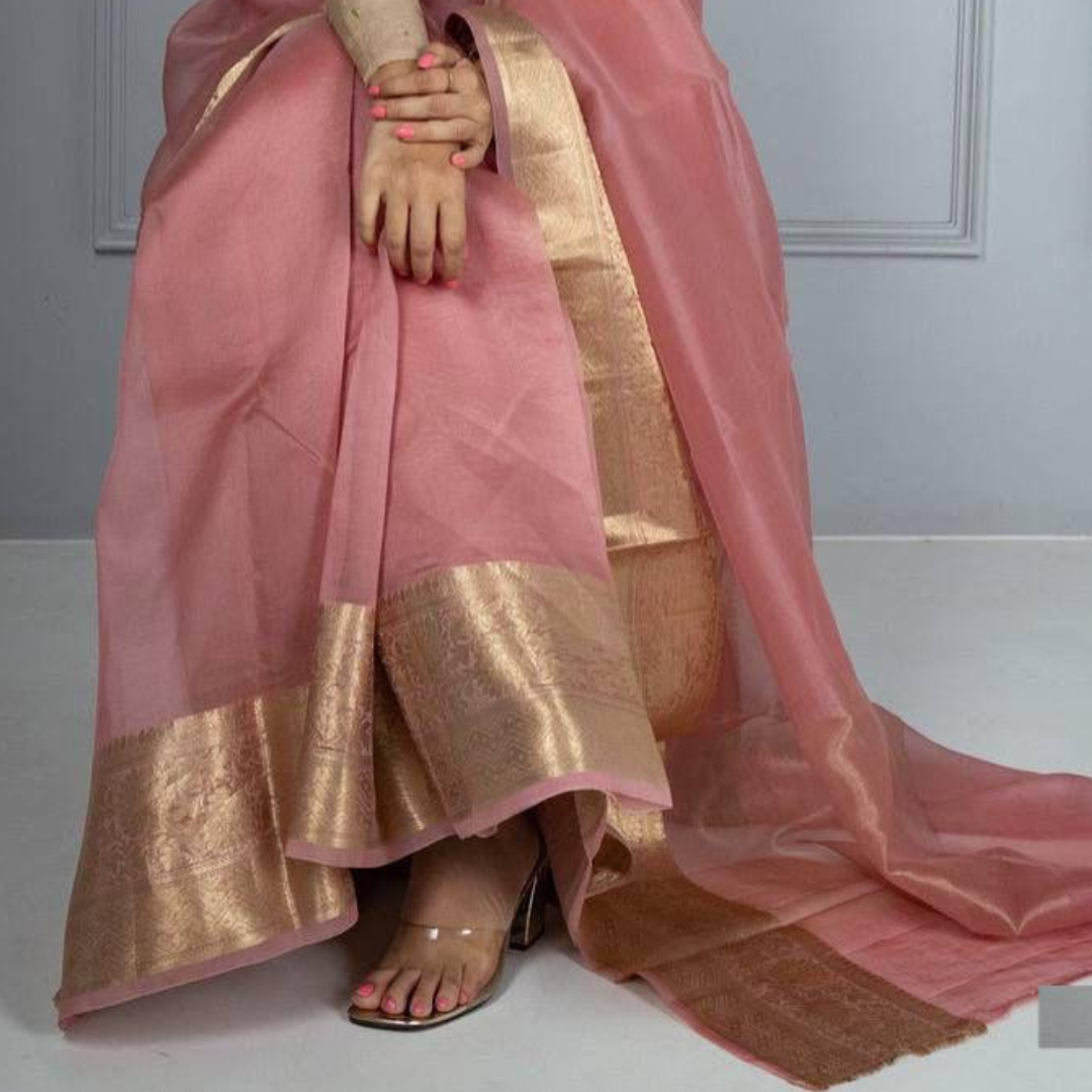 Light Pink Kora Organza jacquard Soft Saree With Pallu & Running Blouse