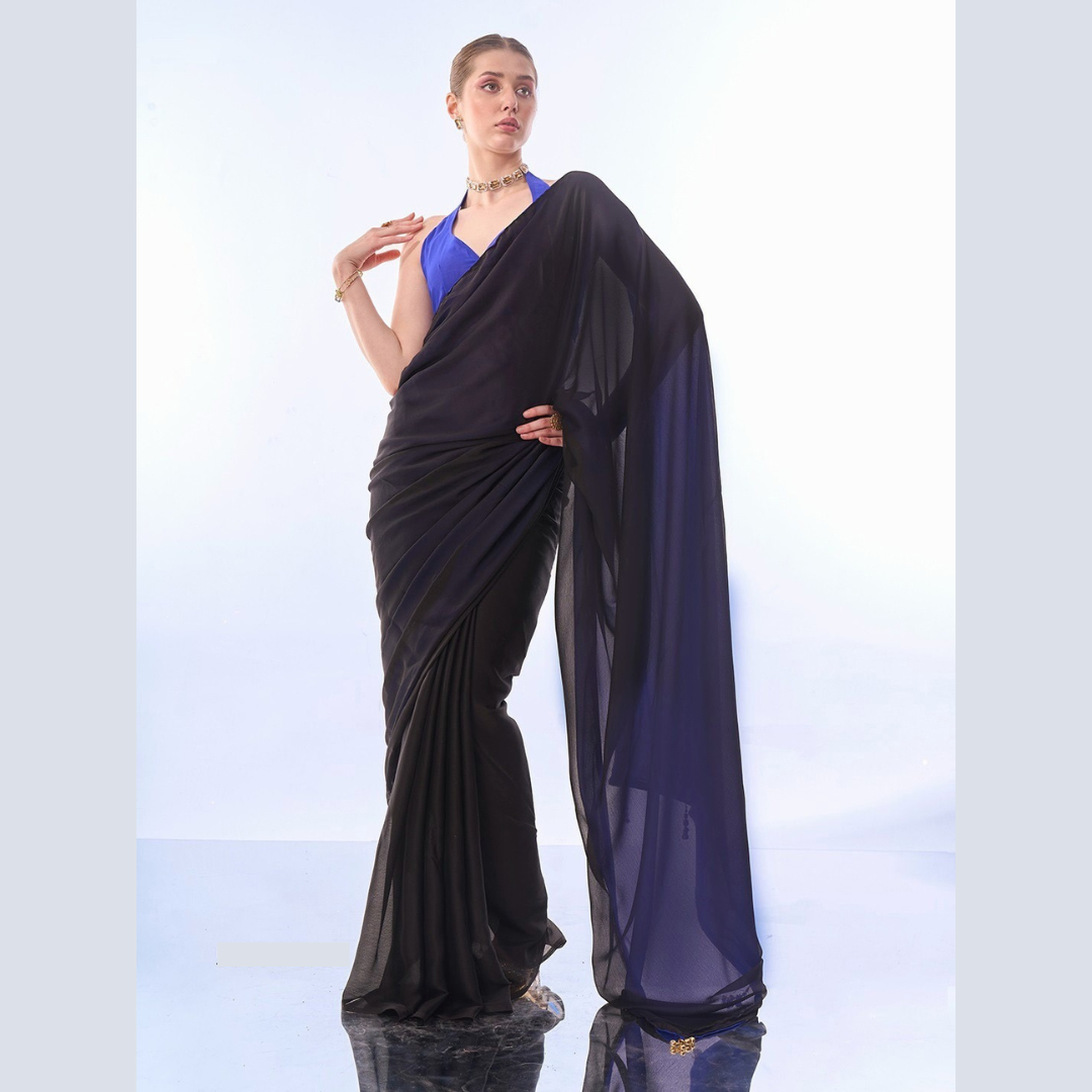 Black Satin Chiffon multicolor plain saree