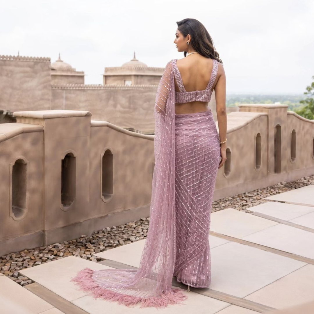 Pink Net Georgette saree embellished with Sequin