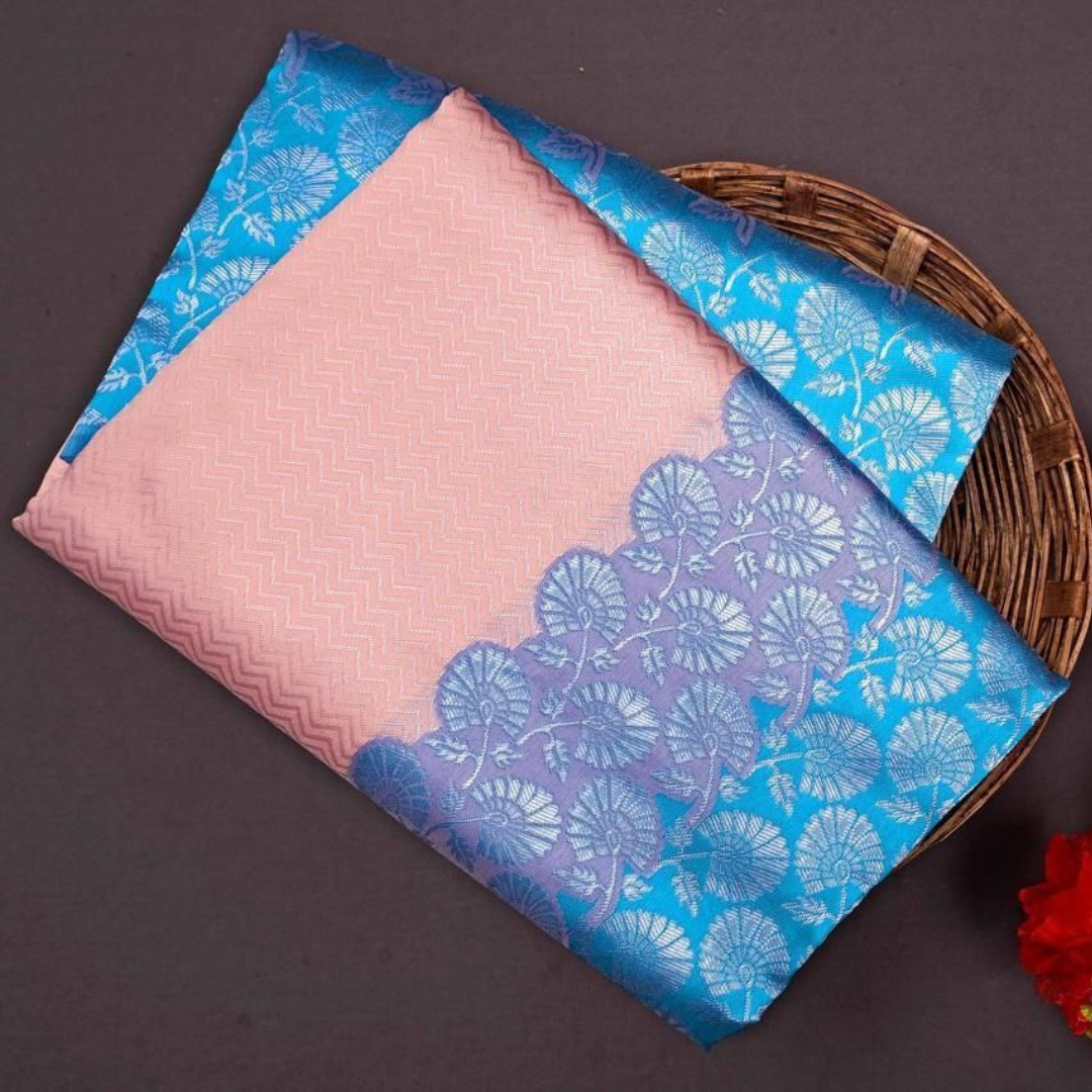 Soft Lichi Silk Saree with Exclusive Color Contrast Jacquard Border - Blue and pink shade