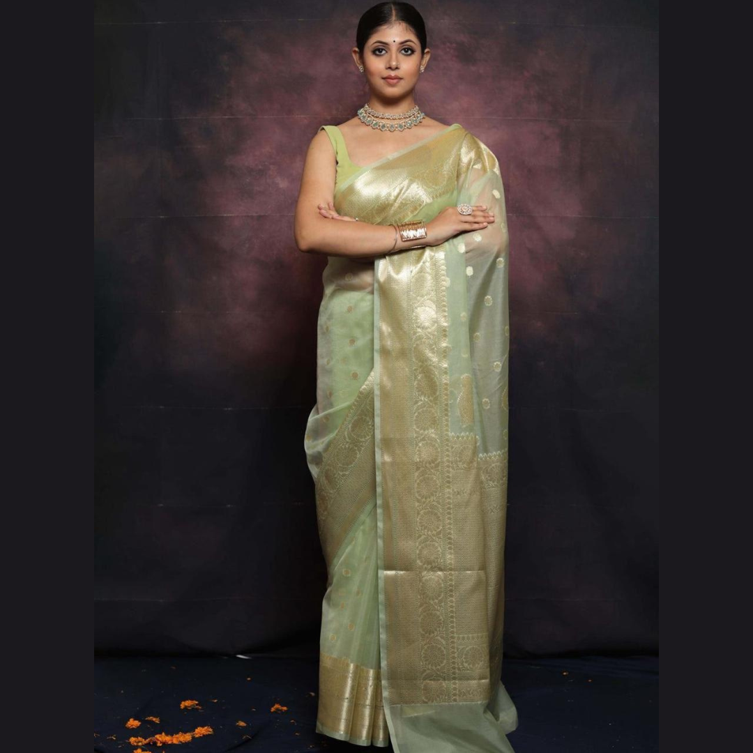 Kanchipuram Organza jacquard Soft Saree With Raw Silk organza running Blouse