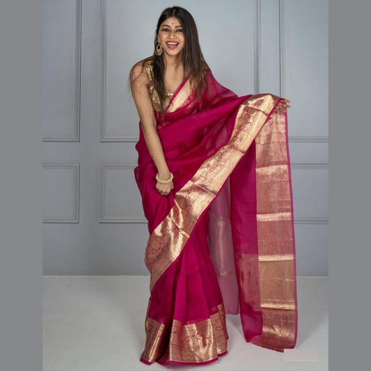 Pink Kora Organza jacquard Soft Saree With golden Pallu & Running Blouse