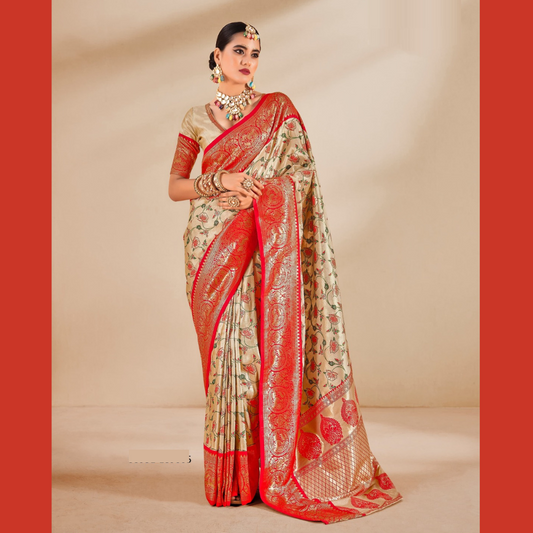 Soft Tissue Silk Saree with unstitched blouse piece - Red