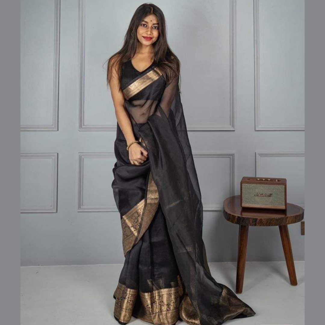 Black Kora Organza jacquard Soft Saree With Pallu & Running Blouse