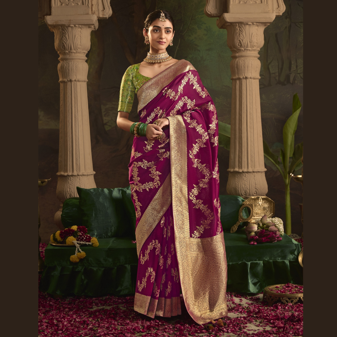 Magenta Silk Saree With Heavy Zari weaving Work And Tussles On Pallu & Designer Fancy Blouse Piece