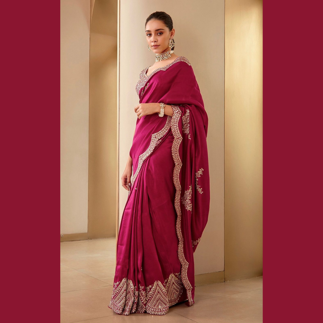 Rani Pink Silk saree embellished with Sequin in border & unstitched blouse piece