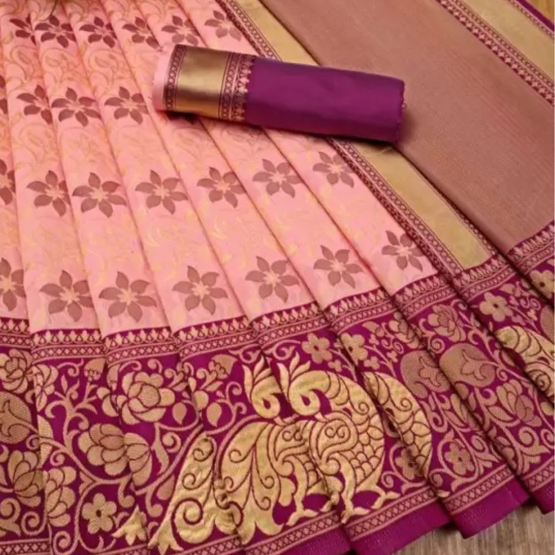 Rose Gold Soft Lichi Silk Saree with Exclusive Color Contrast Jacquard Border