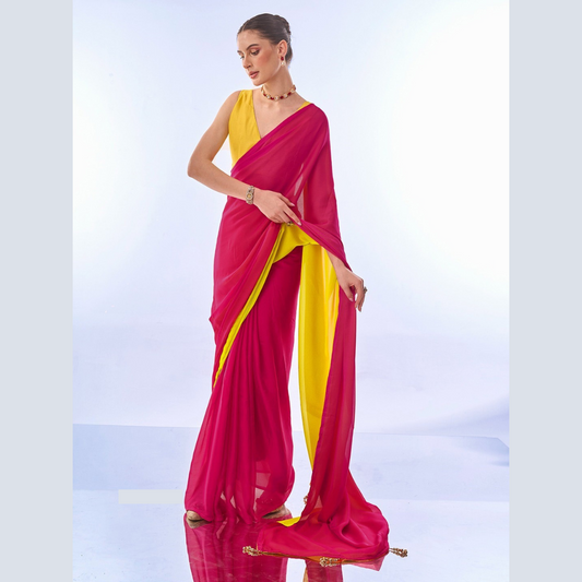 Satin Chiffon multicolor Red Yellow Plain Saree