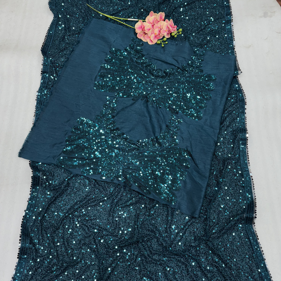 Blue Green Georgette saree embellished with Sequin on border and unstitched sequin blouse