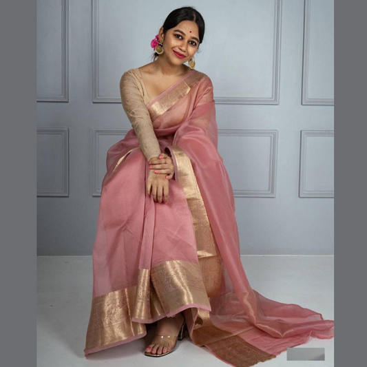 Light Pink Kora Organza jacquard Soft Saree With Pallu & Running Blouse