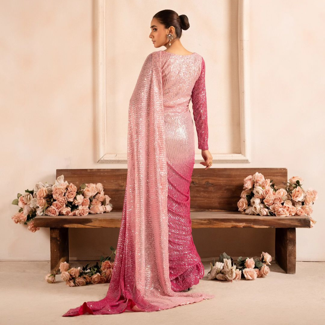 Rosé Shimmer  1-Minute Pink Sequins Saree – Glamwiz India