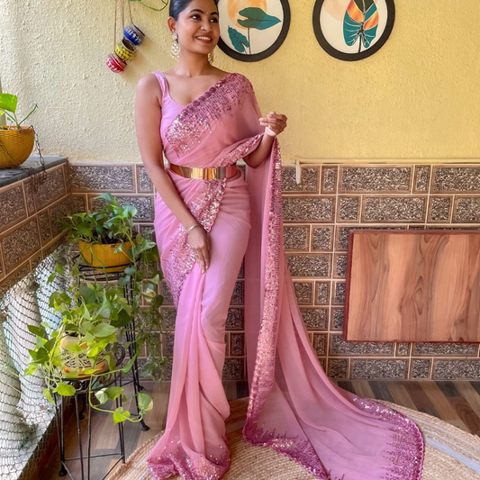 Ready to wear Georgette saree embellished with Sequin with belt - Pink