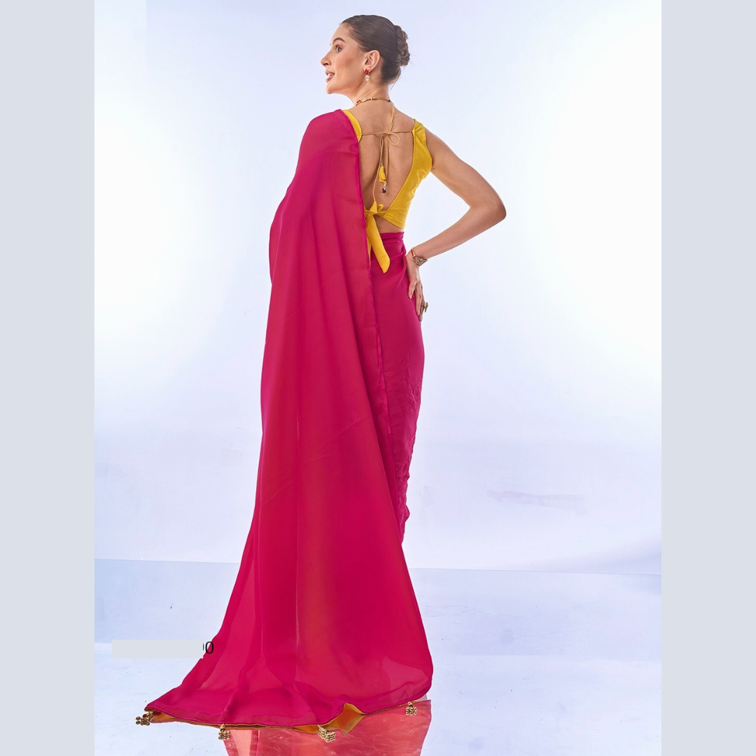 Satin Chiffon multicolor Red Yellow Plain Saree