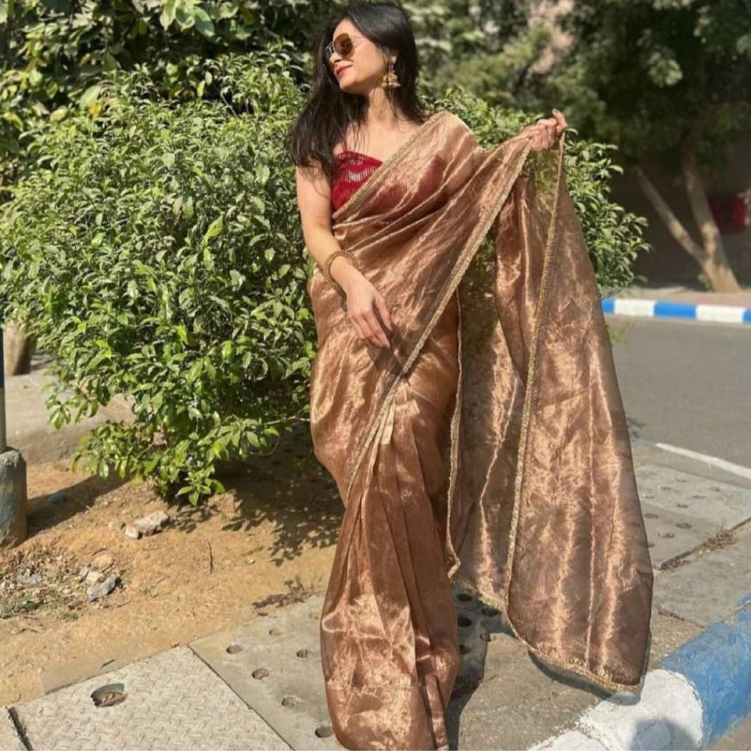 Designer Rose Gold Saree on Heavy tissue silk Fabric With Fancy Lace