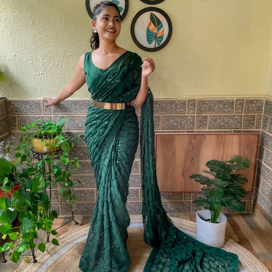 Ready to wear Georgette saree embellished with Sequin with belt - Green