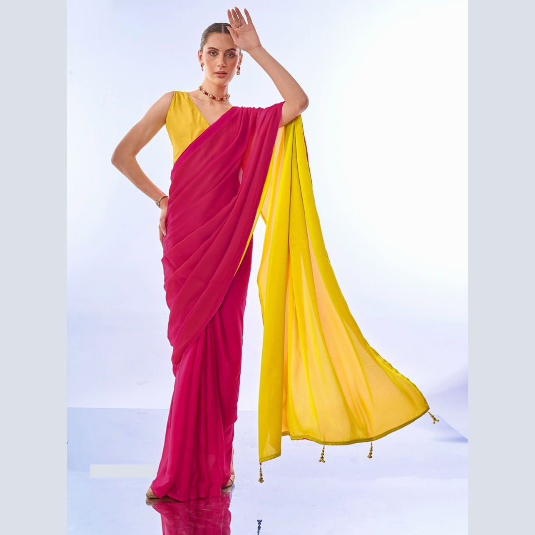 Satin Chiffon multicolor Red Yellow Plain Saree