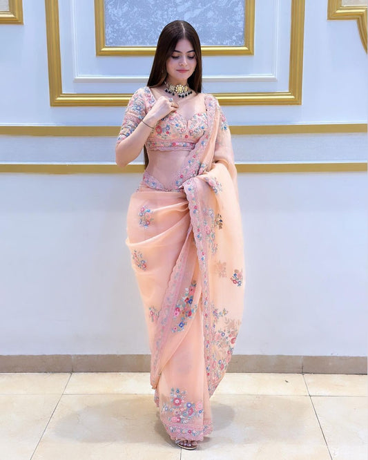 Peach Organza Soft Saree With Bangalore Embroidery Sequin Work Unstitched Blouse