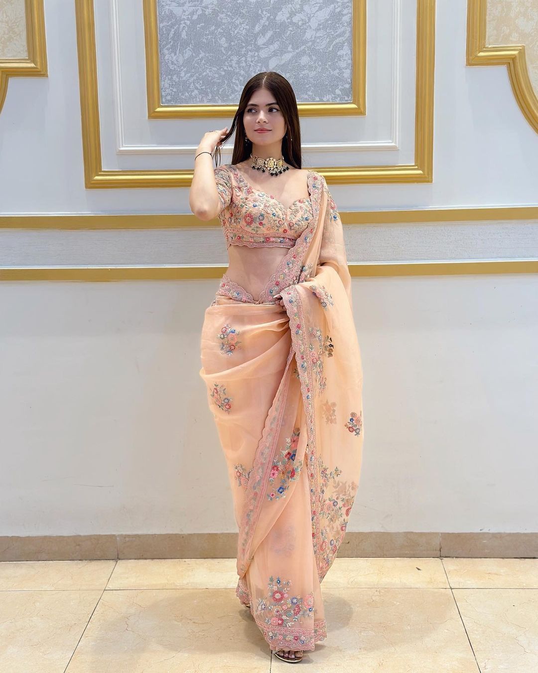 Peach Organza Soft Saree With Bangalore Embroidery Sequin Work Unstitched Blouse