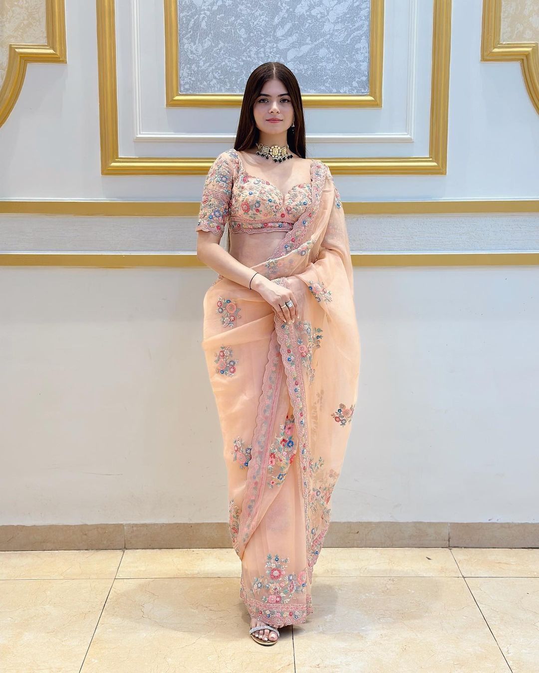 Peach Organza Soft Saree With Bangalore Embroidery Sequin Work Unstitched Blouse